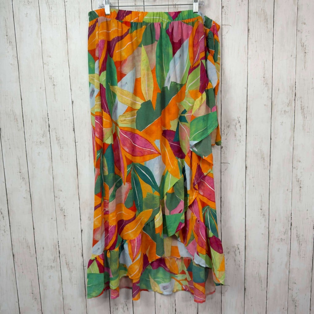 Time and Tru Women's Multicolor Tropical Leaf Ruffle Wrap Maxi Skirt Size 1X